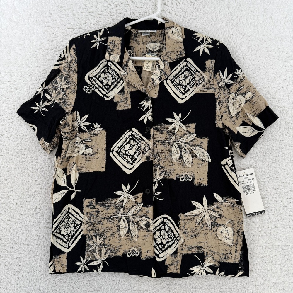 Vintage Alfred Dunner Button Up Shirt Womens 12P Black Tropical Floral Rayon USA